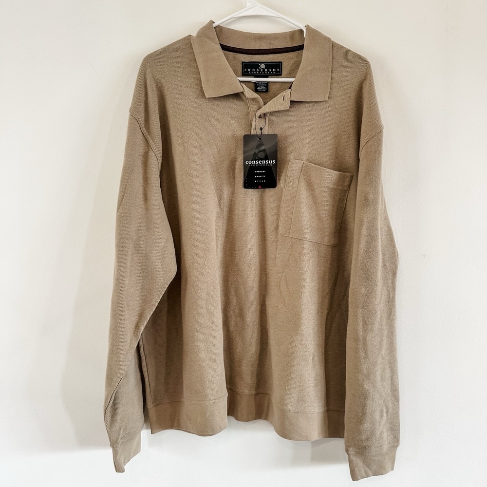 NEW Consensus Men's XL Taupe Brown Long Sleeve‎ Dress Polo (#325) Cotton Blend